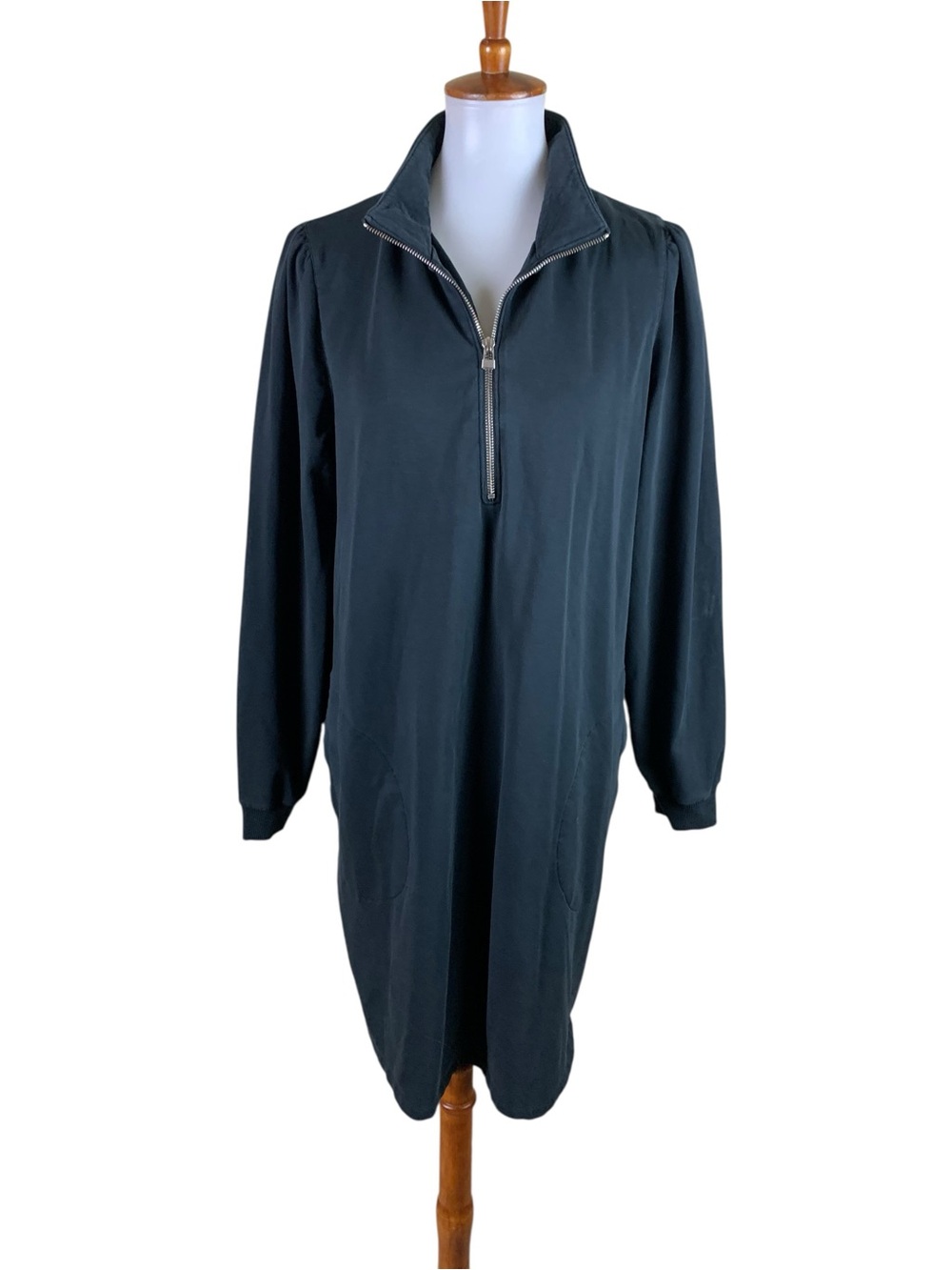 Garnet Hill Black Quarter Zip Shift Dress Minimalist Quiet Luxury Pockets L